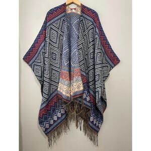 Merona One Size Boho Blanket Shawl Fringe Western Festival Ruana Southwest Aztec